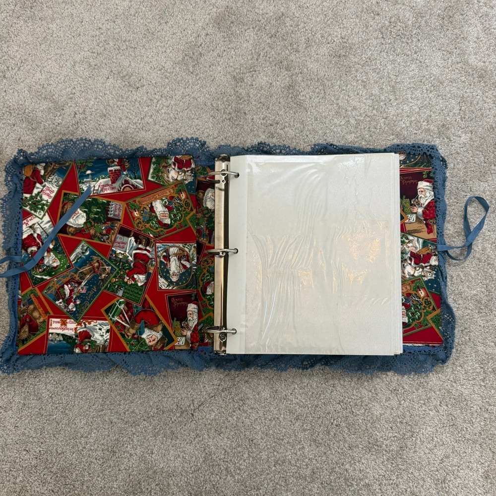 Vintage Christmas Santa Postcard Fabric‎ Photo Album Scrapbook Blue Lace Trim - Picture 6 of 7